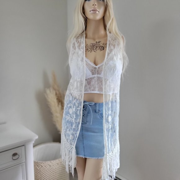 Fringe lace open cardigan kimono coastal cowgirl bohemian - Picture 4 of 7
